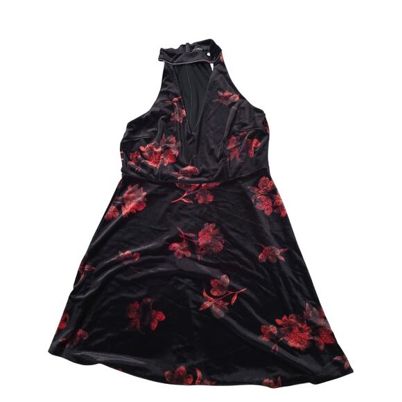 Venus Black Red/Orange Floral Velvet Halter Midi Dress Women Size L V-Ncck - Picture 1 of 6